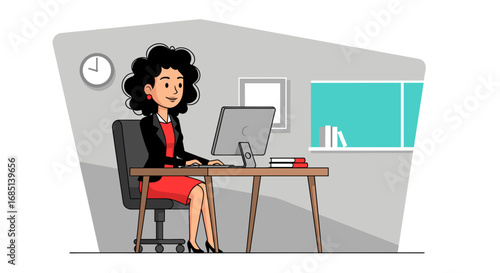 Professional businesswoman focused on her work at a modern office desk with a computer, representing productivity and a corporate lifestyle.