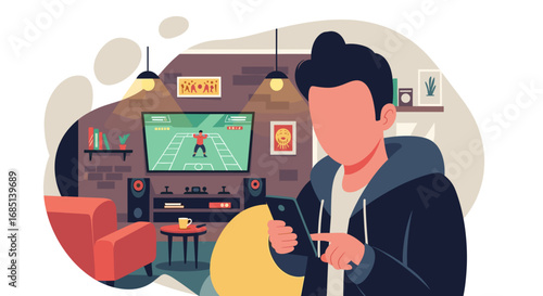 Young man enjoying leisure time at home, using a smartphone while a sports game plays on TV. Represents digital connectivity, entertainment, and modern comfort.