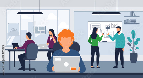 Professionals collaborate and work efficiently in a modern office environment, utilizing technology for business growth and productivity.