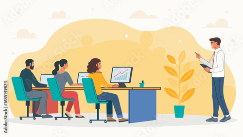 Business professionals collaborate and learn in an office meeting. Illustrates teamwork, education, and career development for corporate success.