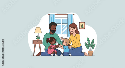 Happy diverse family playing with their children at home, depicting joy, love, and togetherness in a modern domestic setting.