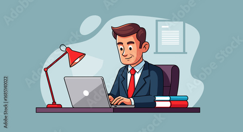 Smiling businessman diligently working on his laptop at a modern desk with a lamp and books, representing productivity and professional efficiency in an office environment.