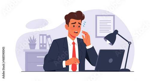 Businessman experiencing stress and anxiety at his office desk while working on a laptop, symbolizing work pressure or a challenging deadline.