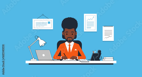 A focused businessman diligently working at his desk, managing tasks and documents in a productive office environment. Ideal for business, productivity, or professional concepts.