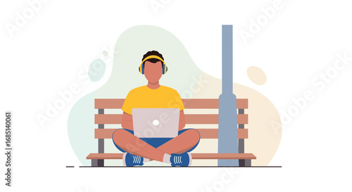 Young person with headphones using a laptop on a park bench, representing remote work, online learning, or a digital nomad lifestyle outdoors.