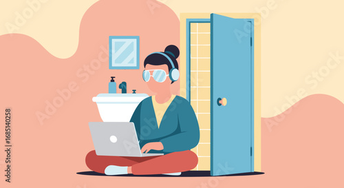 Person comfortably working remotely on a laptop in a cozy home setting, wearing headphones and glasses. Modern freelance work and digital connectivity.