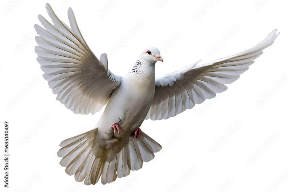 Obraz premium A white dove flying with its wings spread, isolated on transparent background