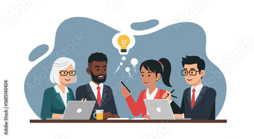Diverse business team collaborating in a meeting, brainstorming new ideas with laptops. Represents teamwork, innovation, and professional discussion.