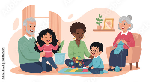 Happy multi-generational family bonding at home. Grandparents, parents, and children enjoy playful moments and quiet hobbies together.