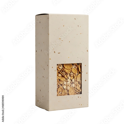 Photo of a beige speckled cardboard box with a transparent window revealing a portion of cereal inside, isolated on transparent background