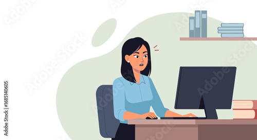 Woman working on a computer at her office desk looks surprised or shocked. Illustrates workplace stress, unexpected problems, or a system error.