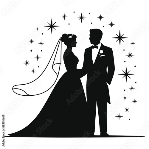 Elegant Bride and Groom Silhouette Amidst Sparkling Stars – Timeless Symbol of Love, Unity, and Happy Marriage Celebration