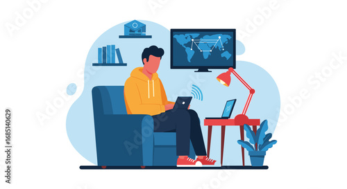 Young man comfortably working remotely from home using a laptop and tablet. Concepts of global connectivity, freelance work, and modern lifestyle.