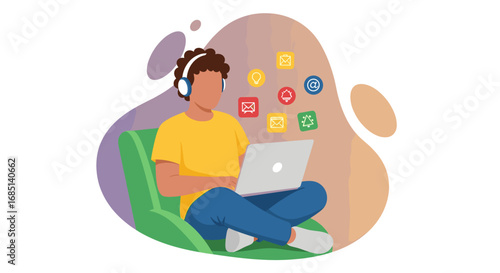 Young person with headphones focused on a laptop, with floating digital icons representing online communication, work, and ideas. Ideal for remote productivity.
