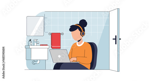 Person focused on a laptop in a bathroom, wearing headphones. Depicts remote work, flexible schedule, and an unconventional home office setting.