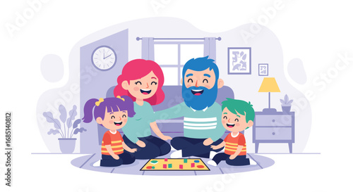 Happy family parents and children playing a board game together in a cozy living room. Captures joy, bonding, and quality family time at home.