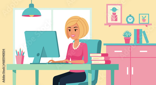 Smiling woman working productively at a computer in a bright, modern office. Ideal for business, remote work, online education, or professional technology concepts.