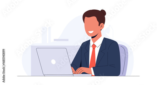 Smiling businessman works diligently on a laptop in a modern office. Perfect for concepts of productivity, remote work, business, entrepreneurship, and professional success.