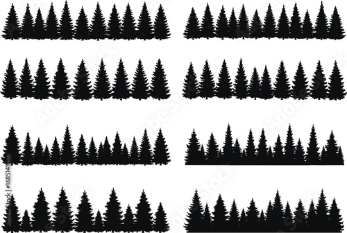 Evergreen tree silhouette vector, pine rows, coniferous bands, black illustration, forest design, nature elements, tree borders, landscape graphics, scenery, woodland art, vector set