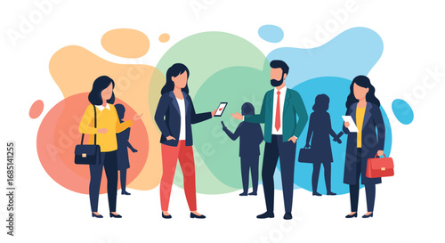 Diverse business professionals interact and network in a dynamic corporate environment, highlighting communication and collaboration. Ideal for business concepts.