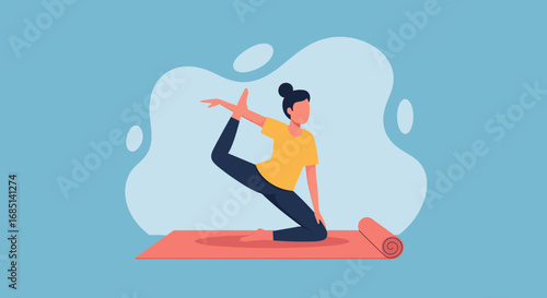 Woman practicing a yoga pose on a mat, showcasing flexibility and balance. Ideal for wellness, fitness, and healthy lifestyle content.