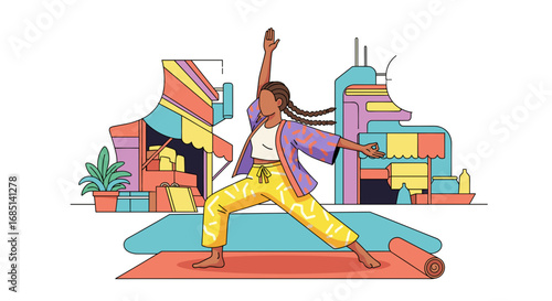 Woman practicing yoga, finding balance and mindfulness in a vibrant, modern illustration. Ideal for wellness, fitness, and lifestyle content.