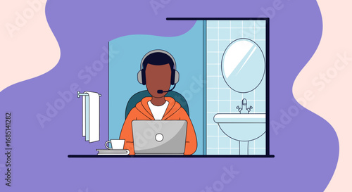 An illustrative depiction of a person working remotely from an unconventional home office setup in a bathroom, highlighting adaptability and modern work challenges.