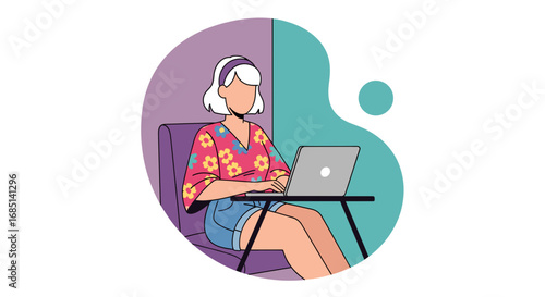 Relaxed woman works from home on her laptop, embodying remote work and digital nomad lifestyle in a colorful, modern setting.