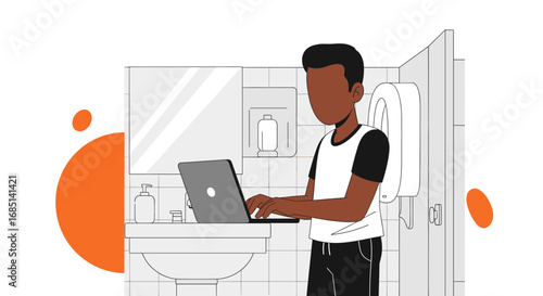 Focused person using a laptop in a restroom, depicting modern remote work flexibility, the ability to work from anywhere, or unconventional office spaces. Business and lifestyle concept.