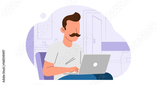 Man with mustache working on laptop at home. Illustrates remote work, online learning, or casual internet use for business or personal lifestyle.