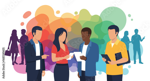 Diverse professional group collaborating and communicating in a vibrant, colorful environment, representing networking, teamwork, and global connection.