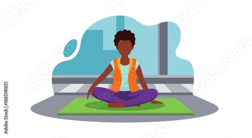 African American woman meditating on a yoga mat in an urban setting, promoting mindfulness, peace, and a healthy lifestyle.