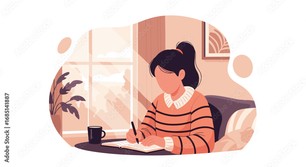 Fototapeta premium Young woman focused on writing in a notebook at home, bathed in natural light. Perfect for concepts of study, journaling, productivity, or remote work lifestyle.