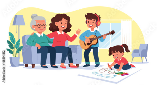 Happy multi-generational family enjoying quality time at home. Grandma and mom relax on the sofa while kids play music and draw, showing joyful domestic life.