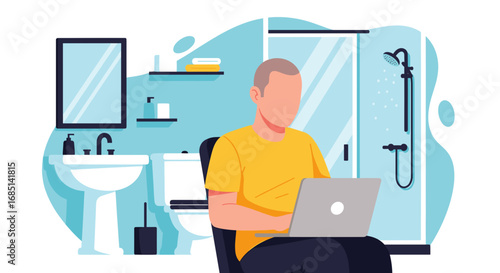 Illustrative depiction of a man using a laptop on the toilet. Highlights remote work, unconventional workspace, and modern flexibility.