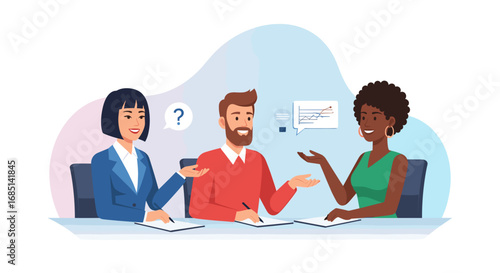Diverse business team collaborating in a meeting, brainstorming ideas, and discussing data for problem-solving and strategic planning. Ideal for corporate communications.