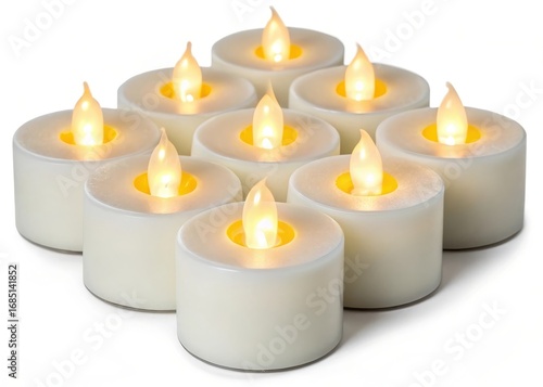 A group of ten white led tea light candles with flickering yellow flames arranged in a pyramid shape