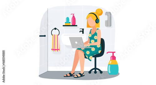 A woman works remotely on her laptop from an unconventional home office, highlighting flexible work arrangements and digital lifestyle.