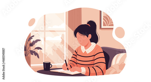 Young woman focused on writing in a notebook at home, bathed in natural light. Perfect for concepts of study, journaling, productivity, or remote work lifestyle.