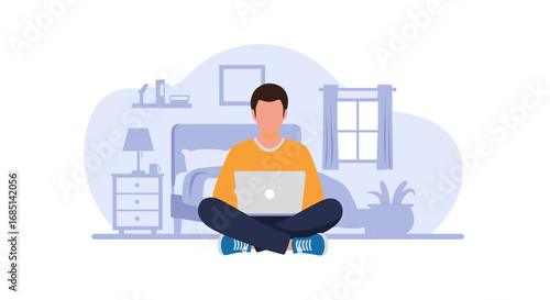 A man works on a laptop, sitting cross-legged in a cozy bedroom. Represents remote work, online learning, or casual lifestyle.