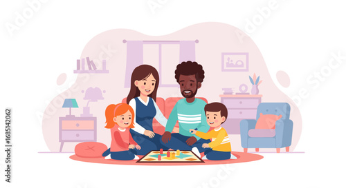 A happy multiethnic family enjoys playing a board game together on the floor in their cozy living room, symbolizing togetherness and quality time.