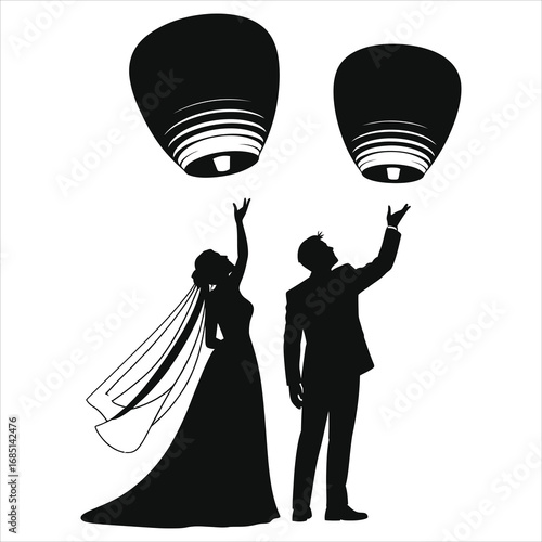 Silhouette of bride and groom releasing sky lanterns together, symbolizing love, unity, celebration, wedding traditions, romantic moments, and hope during a magical evening outdoor event.