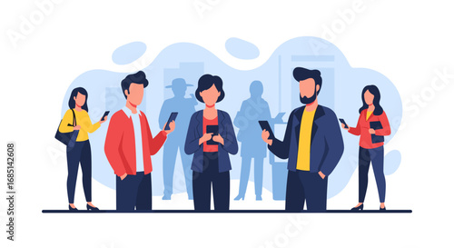 Diverse group of people absorbed in their smartphones, illustrating modern communication, digital lifestyle, and social networking trends.