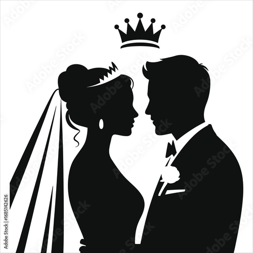 Romantic Silhouette of Bride and Groom Sharing Intimate Moment with Crown, Elegant Wedding Couple with Veil and Boutonnière, Minimalist Black and White Love Illustration for Invitations and Decoration