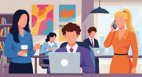 Group of business people actively working in a dynamic office, representing collaboration, innovation, and a productive modern workspace.