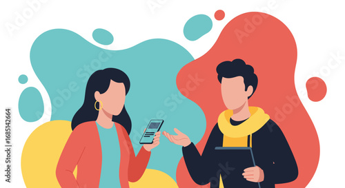 Two diverse individuals engaging in a professional discussion, utilizing digital technology for communication and collaboration in a modern business setting.