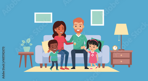 Happy diverse family relaxing together on a sofa at home, depicting comfort, family bonding, and an inclusive lifestyle.