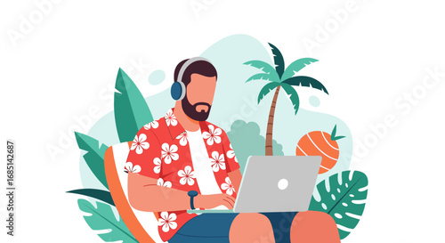 Man in a Hawaiian shirt and headphones working on a laptop in a tropical setting. Represents remote work, digital nomad lifestyle, and flexible holiday productivity.