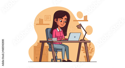 A focused young woman works diligently on her laptop at a desk, surrounded by office essentials, perfect for concepts of productivity, remote work, or online learning.