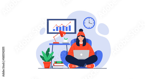 Woman working remotely on a laptop in a cozy home setting, with business growth charts. Ideal for concepts of productivity, freelance, or flexible lifestyle.